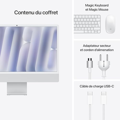 Contenu du coffret de l'iMac M4 : Magic Keyboard, Magic Mouse, adaptateur secteur (photo Amazon.fr)