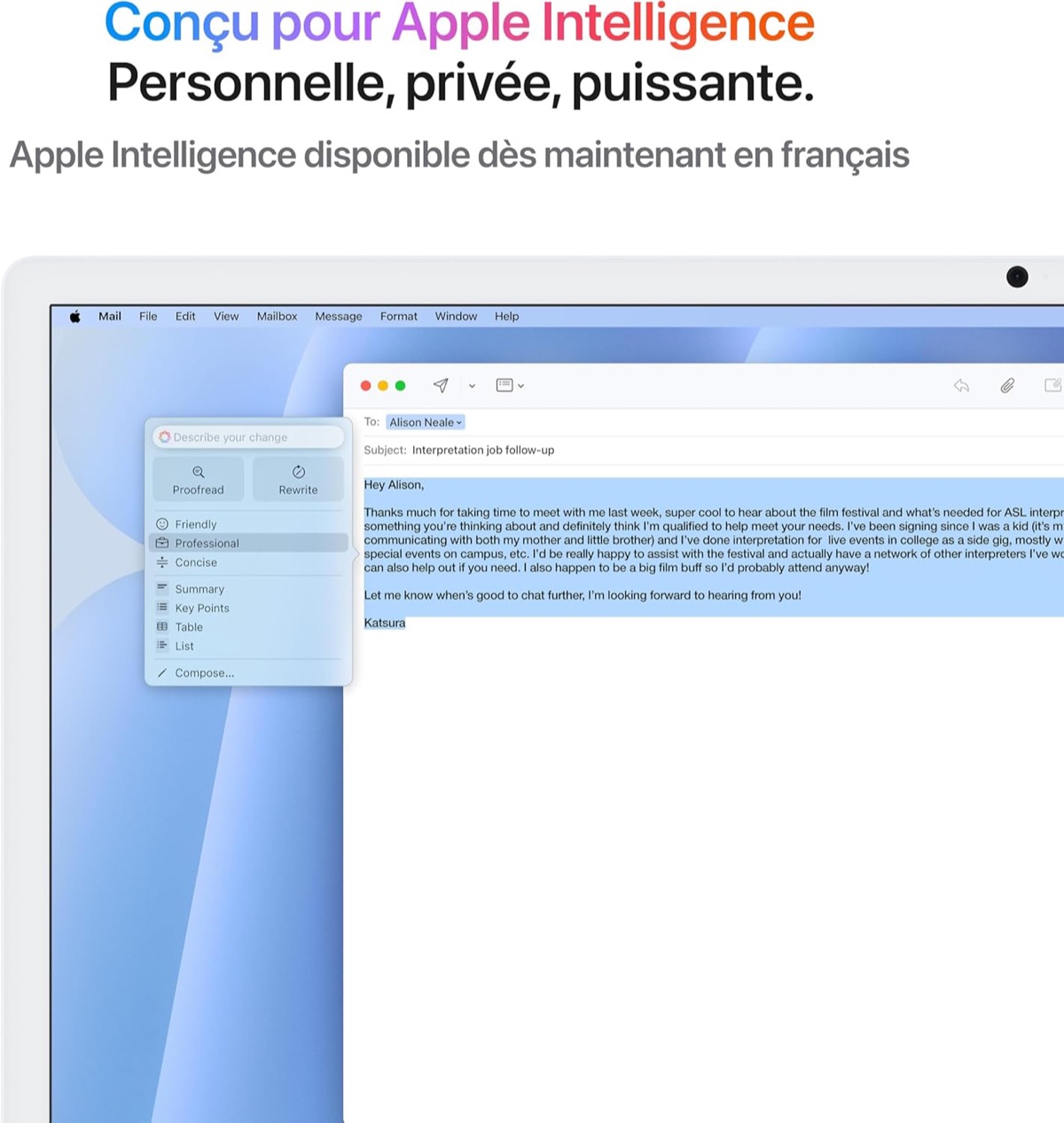 Apple Intelligence dans l'app Mail sur iMac M4