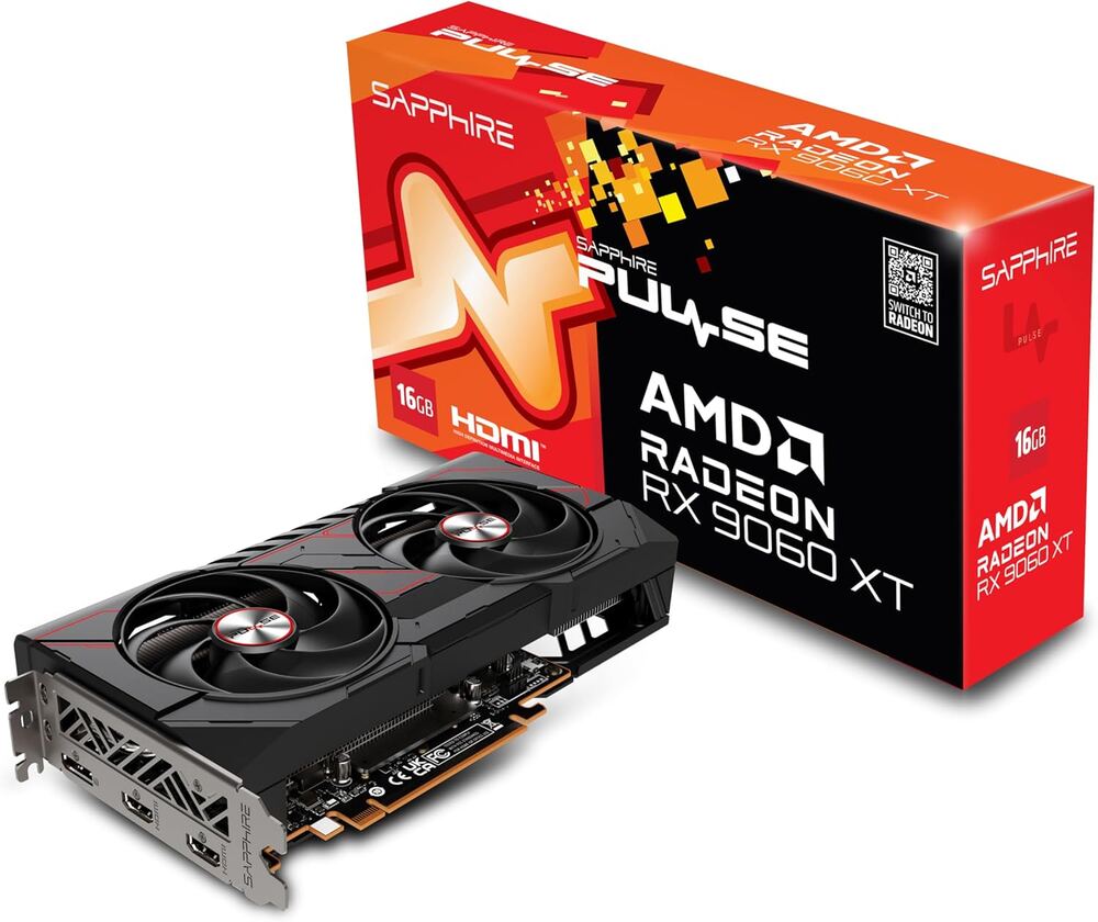 Carte graphique Sapphire Pulse Radeon RX 9060 XT 16 Go, double ventilateur, vue de trois quarts
