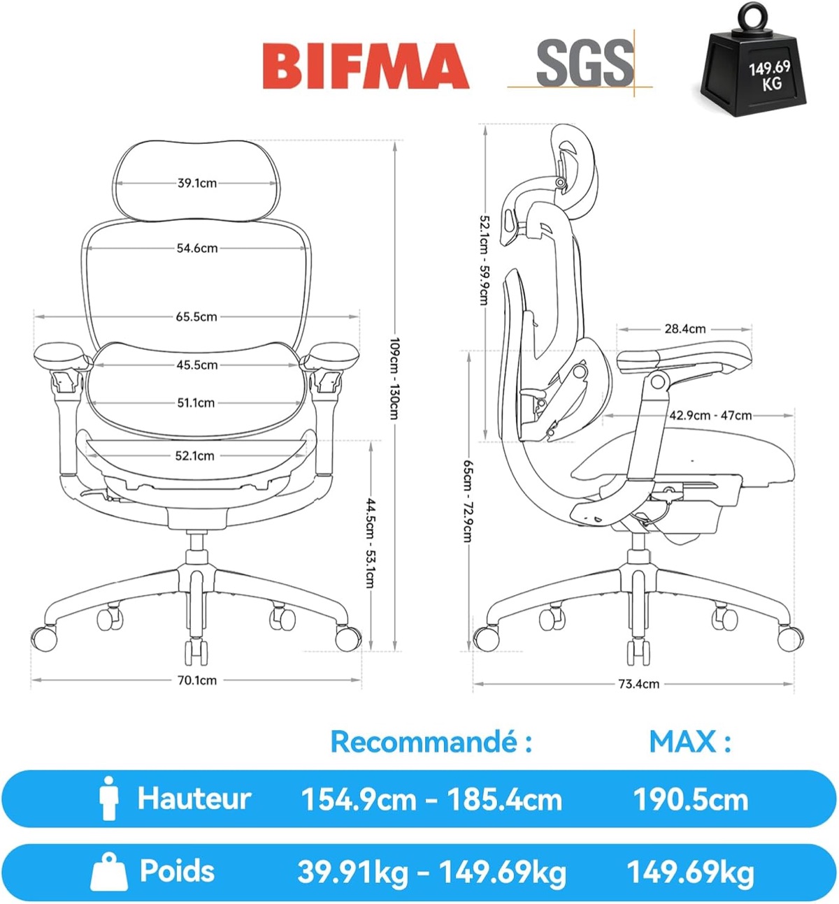 Fiche technique SIHOO Doro C300 Pro V2 : dimensions, certifications BIFMA et SGS, capacité annoncée de 149,69 kg